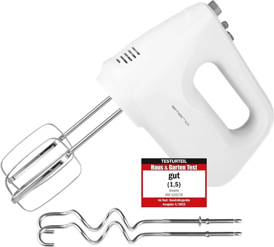 HM-124178 Elektrische handmixer, handmixer, 250 watt, 6 snelheden en turboknop, extra lange garde + kneedhaak van roestvrij staal (vaatwasmachinebestendig)