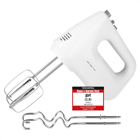 HM-124178 Elektrische handmixer, handmixer, 250 watt, 6 snelheden en turboknop, extra lange garde + kneedhaak van roestvrij staal (vaatwasmachinebestendig)