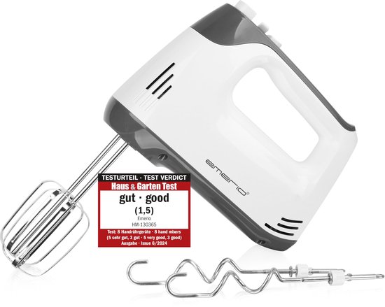 HM-130365 Elektrische handmixer, handmixer, handmixer met 400 watt, 5 snelheden en turboknop, extra lange garde, kneedhaak van roestvrij staal, geschikt voor vaatwasser, BPA-vrij