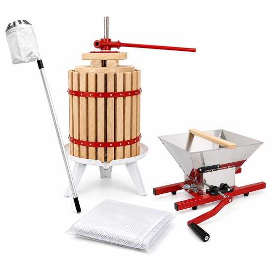 HOME It® Fruitpers Set 18 L - Eikenhout Appelpers met Fruitmolen 7 L, Telescopische Fruitplukker 150-260 cm & Gratis Sapzak - Voor Sap & Cider van home-it