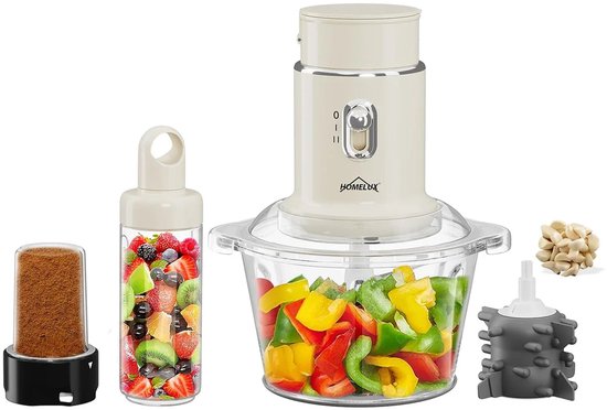 Homelux - 4-in-1 Keukenmachine – Hakmolen – Blender – Mixer – 2L Glazen Kom – 600ml Smoothie Beker – 250W Foodprocessor – Knoflooksnijder – Kruidenmolen – Compact Keukenapparaat – Voor Groenten Vlees Noten Smoothies – Keukenhulp van Merkloos