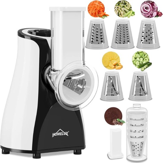 HOMELUX - Elektrische Groentesnijder – 5-in-1 Rasp & Snijmachine – Multifunctionele Elektrische Rasp – 5 Verwisselbare Trommelmessen – Kaasrasp, Groenten, Fruit, Chocolade – Snel, Veilig & Compact – Groentesnijder Elektrisch BPA-vrij