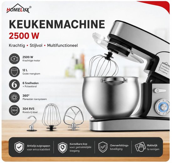 Homelux Keukenmachine 12L – Mixer met Mengkom RVS – Planetaire Mixer 2000W – Deegkneder – Keukenmixer met Garde & Klopper –