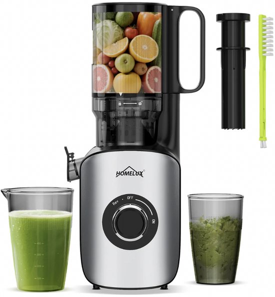 HOMELUX Slow Juicer 220W - 126mm XXL - Vulopening voor hele vruchten - Elektrische koudperssapcentrifpge - INCL 2 bekers en schoonmaakborstel van Homelux