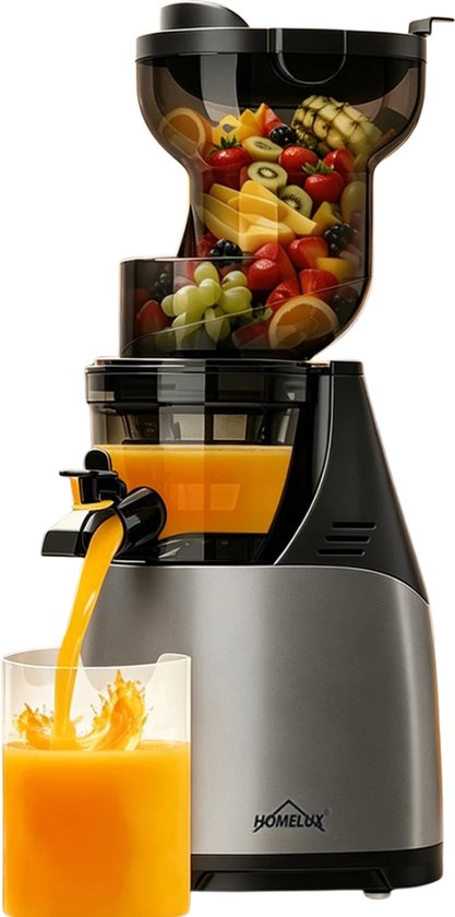 Homelux Slow Juicer - XXL 140 mm Vulopening - Koudpers Sapcentrifuge - 150W - Hele Vruchten - Hoge Sapopbrengst 85% - Fluisterstil 55 dB - BPA-vrij - Anti-Druppel - Reverse Functie - Cold Press Juicer - Reinigingsborstel - Veilig Vulsysteem - Juicers