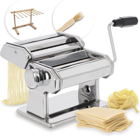 Hoogwaardige handmatige pastamachine | 7 deegdiktes voor lasagne spaghetti fettuccine | met extra's: pastadroger en reinigingsborstel | roestvrijstalen pastamachine pastadeegmachine van Merkloos