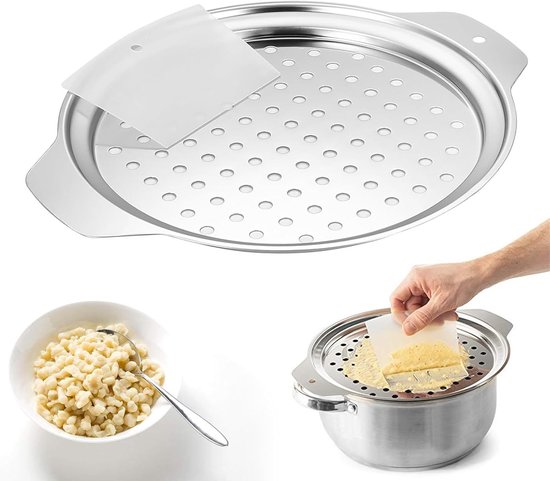 Hoogwaardige Spätzlepers van roestvrij staal met schraper voor 24-28 cm pannen, vaatwasmachinebestendig en ideaal voor zelfgemaakte pasta en gerechten