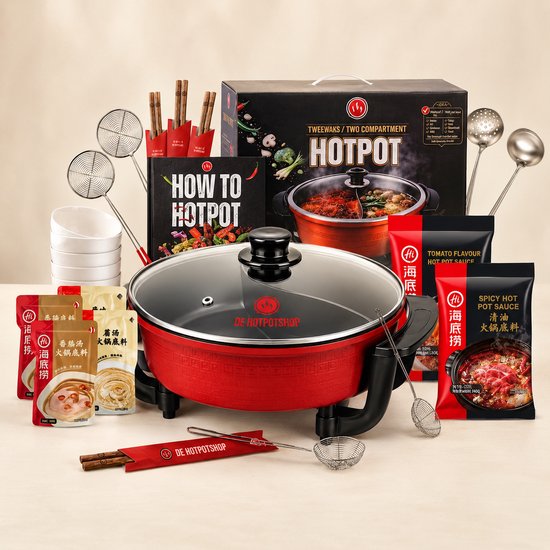 Hotpot Experience Box voor 4 Personen – Complete Hotpot Beleving met Servies, Sauzen, Soepbasis & How to Hotpot Handboek