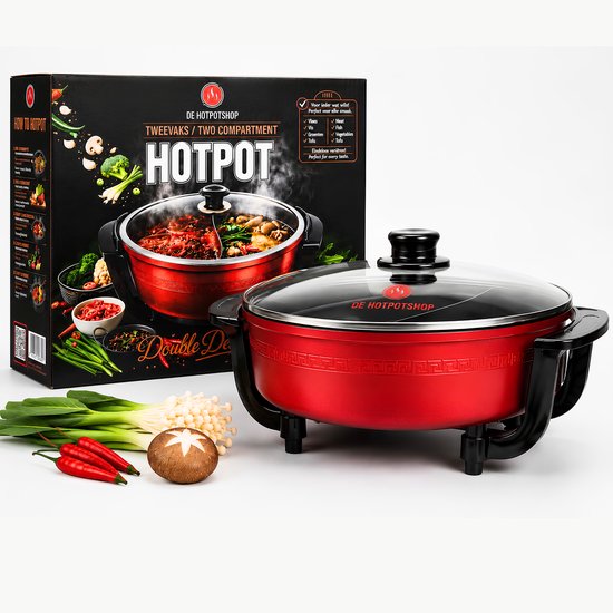 Hotpot Pan 2-Vaks – Elektrische Hotpot – 2 Smaken Tegelijk – 1350W – 6L – Voor 2 tot 8 Personen – Rood