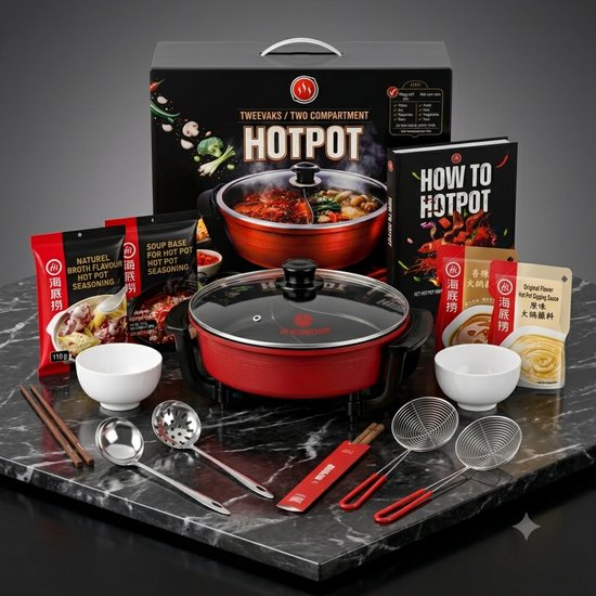 Hotpot Set – Complete Chinese Fondue Set – 6L 1350W – 2 Vaks – Inclusief Soepbasis, Sauzen & Accessoires
