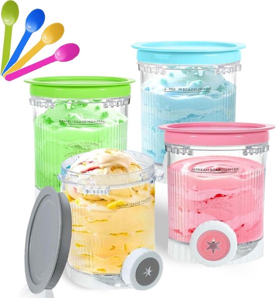 Houdt 4 Containers van 480ml voor IJscontainers - BPA-vrij, Vaatwasmachinebestendig IJs Maker Accessoires met Kleurrijke Lepels (Set van 4) van Merkloos