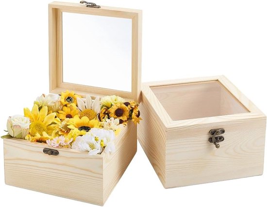 Houten Doos met Glazen Deksel - 2 Stuks, Onbehandeld, Perfect voor Bewaren van Herinneringen en DIY Creaties van Merkloos