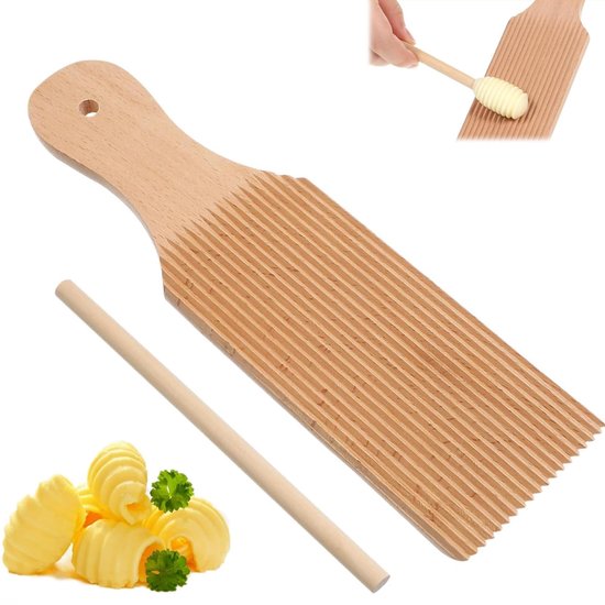 Houten Gnocchi Bord met Ravioli Maker - Pasta Bord met Ribbelpatroon voor Zelfgemaakte Gnocchi, Ravioli en Verse Pasta - Handmatig Pastahulpmiddel voor Authentieke Italiaanse Pasta Bereiding van houten