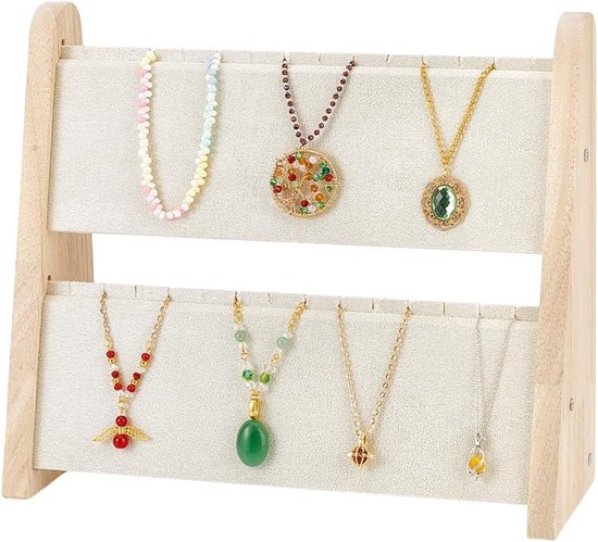 Houten kettinghouder met 2 niveaus voor sieraden, organizer voor 34 kettingen, beige kleur
