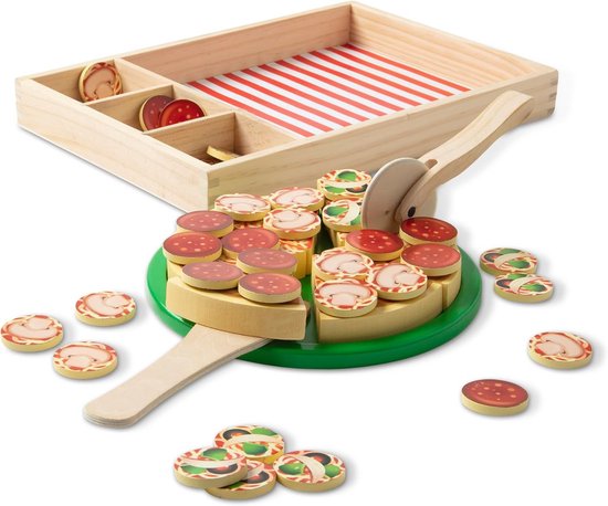 Houten pizzaset - Speelgoed pizza - Fantasierijk spel - 36 toppings ingrediënten - 4x23x33 cm - Multicolor
