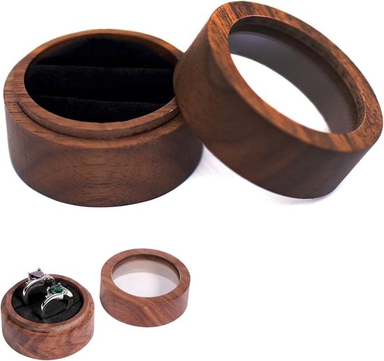 Houten Ringdoos voor Trouwringen, Verlovingsringen en Sieraden in Vintage Stijl met Velours Compartimenten, Perfect voor Reizen en Dagelijks Gebruik, Compact en Duurzaam van Merkloos