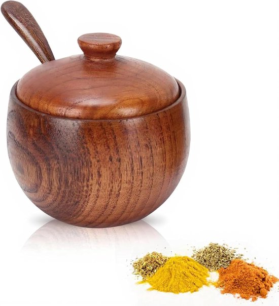 Houten zout- en suikerpot met deksel en lepel, ideaal voor kruidenopslag in keuken en restaurant van Merkloos