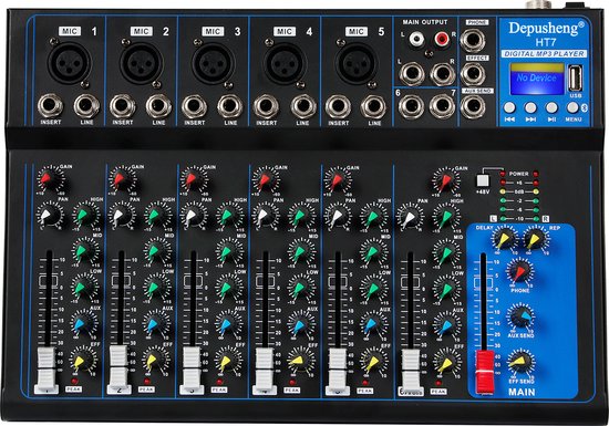 HT7 Draagbare bluetooth-audio-mixer mengpaneel met USB-DJ-sound-mengconsole, MP3-aansluiting, 48 V, power, 7-kanaals band, audiomixer mengpaneel van Merkloos