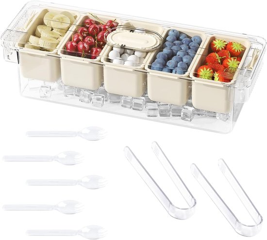 Ice Cooled Condiment Caddy met Deksel en 5 Verwijderbare Compartimenten voor Bar, Garnish Tray met Tangen en 5 Vorken voor IJs, Salades, Fruit en Pizza Buffets, Ideaal voor Feestjes en Accessoires van Merkloos