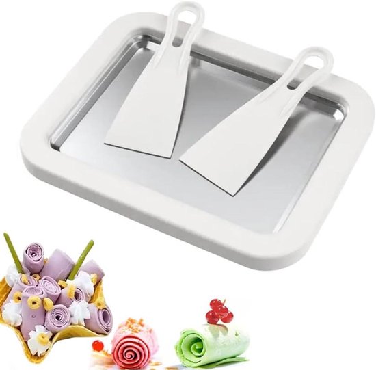 IJs Rolletjes Machine - IJsroller Plaat - Zelf IJs Maken - Inclusief Spatels - 24.6 x 19.8 cm - Wit