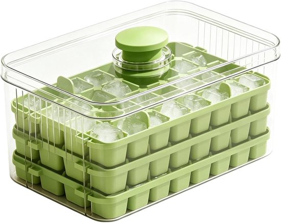 IJsbak met deksel - Ijsblokjes maker - Dranken Koelen - 96 IJsblokjes Tegelijk - 3 Lagen Stapelbaar - Groen