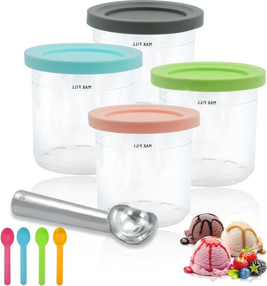 IJsbakjes met deksels en lepel voor Ninja Creami-ijsmachine - Set van 4 | Kuipaccessoires voor NC301 NC300 NC299UK-serie - BPA-vrij van Qasaqua