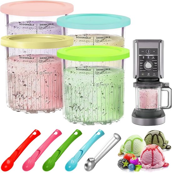 IJsbakken set voor ijsmachines - 4 stuks met deksels en lepels, BPA-vrij van Merkloos