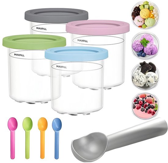Ijsbekers geschikt voor Ninja Creami NC300 en NC301 Serie - Premium Herbruikbare Ijsbekers met Deksel 4-Pack - Lekvrije Ijscontainers met Ijsschep en Lepels - Vaatwasserbestendige Vervangende Ijsbekers voor Ijsmaker - Multi-Kleur
