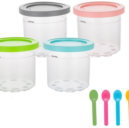 Ijsbekers geschikt voor Ninja Creami NC300 en NC301 Serie - Premium Herbruikbare Ijsbekers met Deksel 4-Pack - Lekvrije Ijscontainers met Lepels - Vaatwasserbestendige Vervangende Ijsbekers voor Ijsmaker - Multi-Kleur