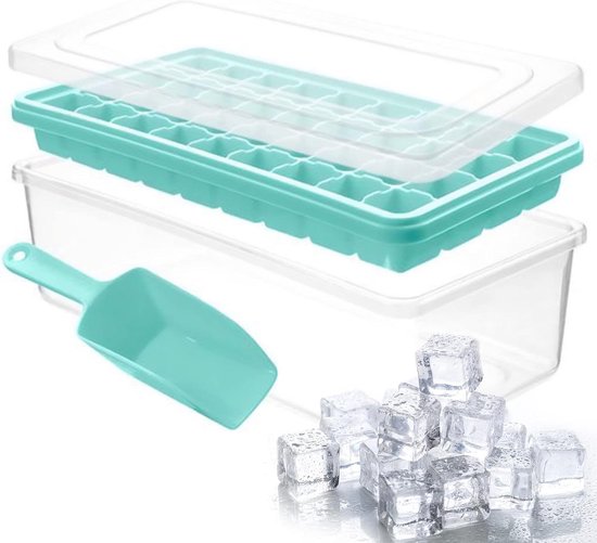 IJsblokjesbak met deksel - IJsvormen container - Dranken koelen - 36 ijsblokjes per keer - Compact formaat - Aqua