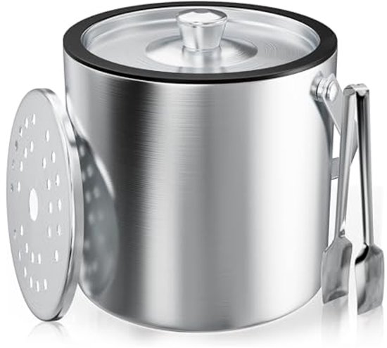 IJsblokjeshouder 3 liter roestvrij staal met zeef en ijstang van Merkloos