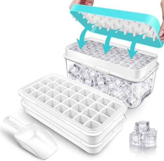 IJsblokjeshouder - ijsblokjes deksel container 64 stuks - eenvoudig ijs losmaken - cocktail whiskey koffie - 2 schalen 1 ijsemmer schep - blauw van Benice