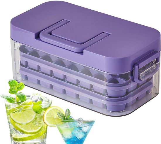 IJsblokjeshouder met deksel - IJsblokjesmaker - Dranken koelen - 64 ijsblokjes - 268 cm lengte - Paars