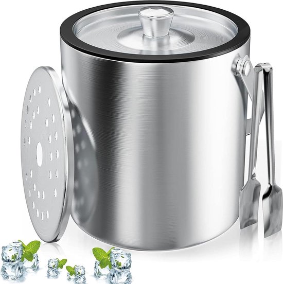 IJsblokjeshouder - ronde ijshouder met zeef en ijstang - 2 liter - roestvrij staal - ijsblokjeskoeler - bar feest - bewaren ijs - koelen dranken van Navaris