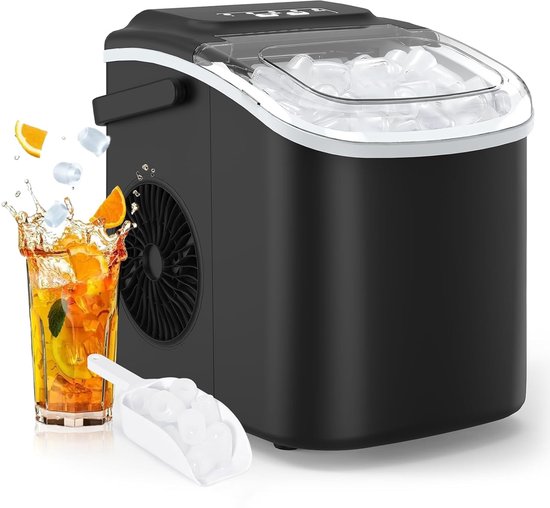 IJsblokjesmachine 12 kg/24u – Zelfreiniging – 9 Blokjes in 6-8 Min – 2 Maten – Met Handvat & Schep – Voor Thuis – Bar & Camping – Zwart