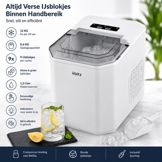 IJsblokjesmachine - 12KG/24U - Compacte Ice Maker - 1,3L Waterreservoir - Kleine & Grote IJsblokjes - Wit
