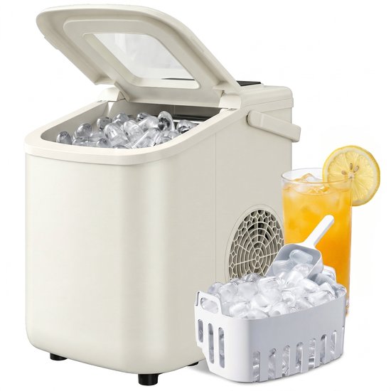 IJsblokjesmachine - 1.2L - 12kg/24 uur - BPA-vrij - IJsblokjesmaker - IJsschep - Draagbaar – Zelfreinigingsfunctie- 9 Blokjes / 6 Min - Beige
