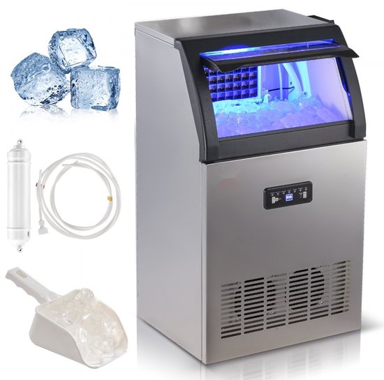 IJsblokjesmachine - Commercieel - Capaciteit 52 kg/24 uur - Opslagcapaciteit 15 kg - Per cyclus 50 ijsblokjes - RVS behuizing - Inclusief waterfilter en ijsschep
