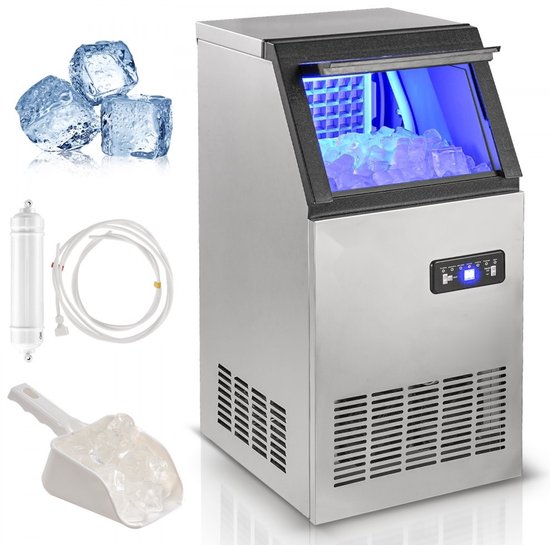 IJsblokjesmachine - Commercieel model - Productie 38 kg/24 uur - Opslag 12,5 kg - Per cyclus 40 blokjes - Roestvrij staal - Incl. waterfilter & ijsschep