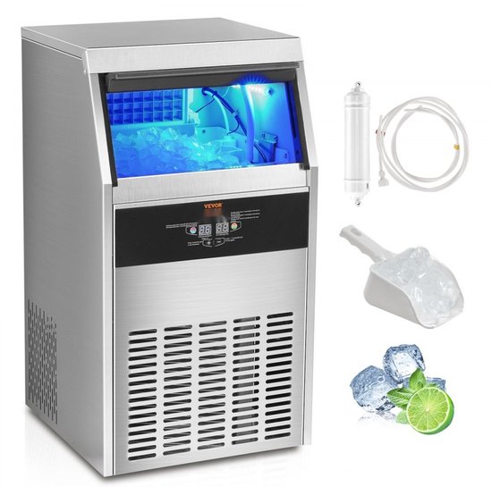 IJsblokjesmachine - Commercieel model - Productie 56 kg/24 uur - Opslag 15 kg - Capaciteit 60 ijsblokjes per cyclus - Roestvrij staal - Inclusief waterfilter en ijsschep van Merkloos