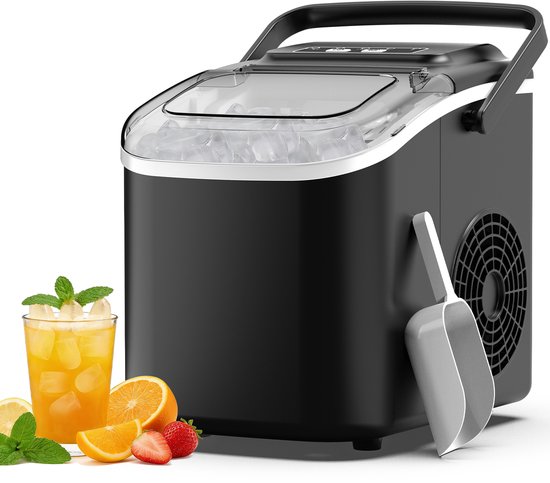 IJsblokjesmachine– IJs binnen 6 tot 13 minuten klaar – Duidelijk intuïtief bedieningspaneel – Afneembare onderdelen – Compact en draagbaar – Automatische zelfreinigingsfunctie – Stille werking met slechts 45 dB