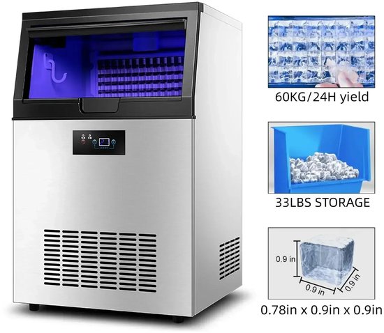 IJsblokjesmachine – IJsblokjesmaker – Automatische IJsblokjesmachine – Compacte IJsmachine – 60 Kg Per 24 Uur – Instelbare Ijsdikte – Waterfilter Met LED-Verlichting van Merkloos