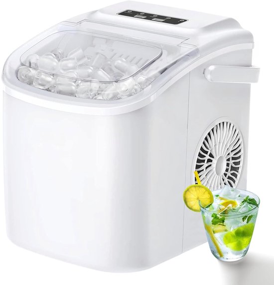 IJsblokjesmachine met Handvat – Compacte Draagbare Ice Maker – 9 IJsblokjes in 6 Minuten – Zelfreinigende IJsbereider – Mini IJsblokjesmaker voor Thuis – Wit – IJs Machine voor Keuken en Bar van Merkloos