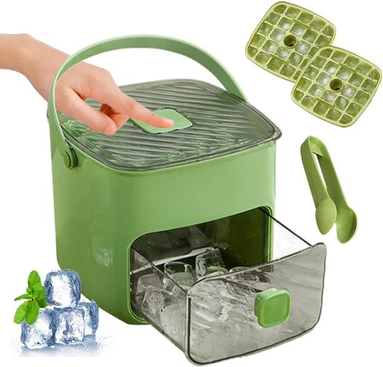 IJsblokjesmachine met knijpdeksel en opbergdoos, 48 herbruikbare roosters, ijsblokjesvorm met lade, ijsblokjesvorm voor cocktails, koffie, sap, keuken, picknick (groen)