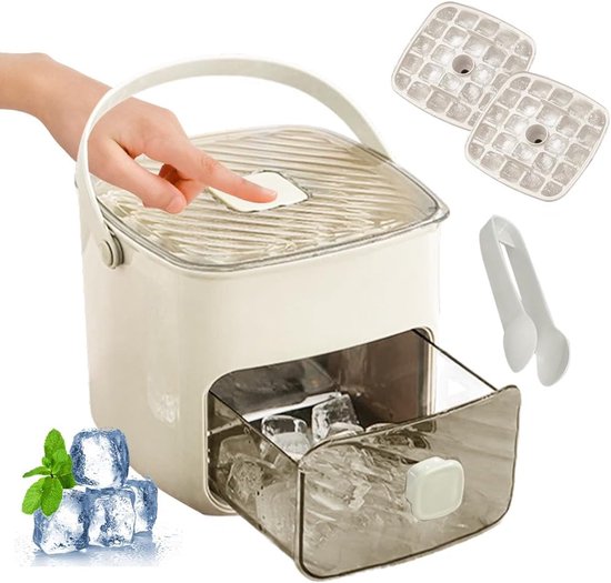 IJsblokjesmachine met persdeksel en opbergdoos, 48 vakjes, herbruikbare ijsblokjesvormset met lade, ijsblokjeshouder voor cocktails, koffie, sap, keuken, picknick, wit