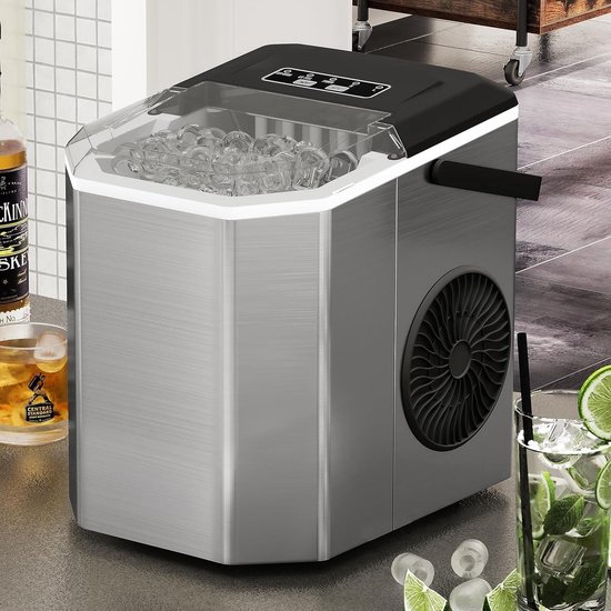 IJsblokjesmachine – RVS Ice Maker met Zelfreiniging – 9 Kogelvormige IJsblokjes in 6 Minuten – Draagbare IJsblokjesmaker voor Thuis, Keuken, Camping, Auto en Feest – Zilverkleurig van Merkloos