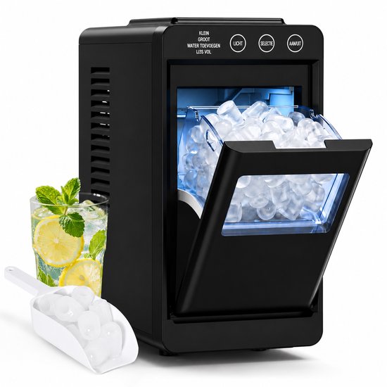 IJsblokjesmachine Smal 17 cm – 8 Blokjes in 6 Min – 12 kg/24u – Blauw LED – Zelfreiniging – 2 Maten – Voor Keuken – Bar & Kantoor – Zwart RVS