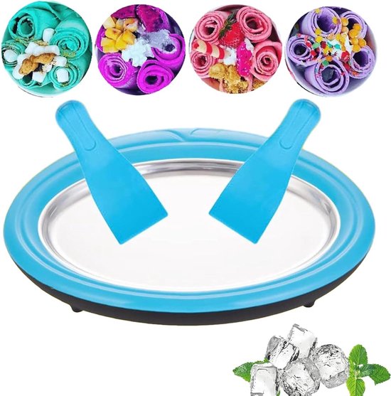 IJsblokjesmachine Snelle Productie Roestvrij Staal Levensmiddelenkwaliteit - Rol-ijsmachine Met 2 Spatels - Bevroren Yoghurt Sorbet en IJs (Blauw)