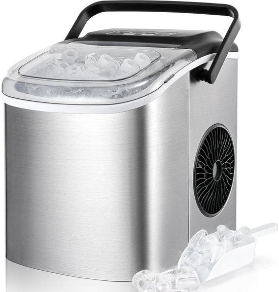 IJsblokjesmachine – Voor Keuken, Kantoor & Feest – Zilver – Roestvrij Staal – 29x24x29 cm – Inclusief IJsschep – 12 kg/24u – 2 Formaten – Zelfreinigend & Stil – Draagbaar Handvat van Merkloos