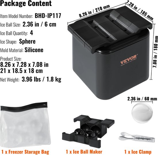 Ijsblokjesmaker - Ijsblokjesvorm - Ice ball Maker - IJsbalmaker - Ice ball - IJsbal maker - Met opbergtas en ijsklem - Ronde heldere ijsblokjes - 4-holtes -6cm - IJspers voor whisky, Scotch, cocktail, brandewijn, Bourbon - Ice mold van Benice